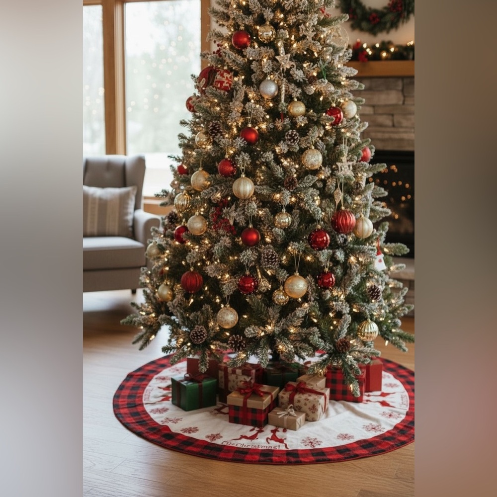 NEW Knitted Christmas Tree Skirt Buffalo‎ Plaid Knit Red White 48"